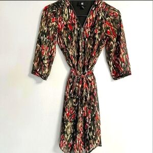EUC IZ Byer Abstract Berry Brushstroke Belted Zip Dress XS